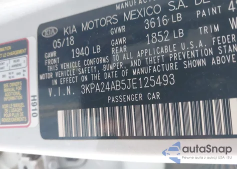 2018 Kia Rio S z USA, uszkodzony, nr VIN 3KPA24AB5JE125493